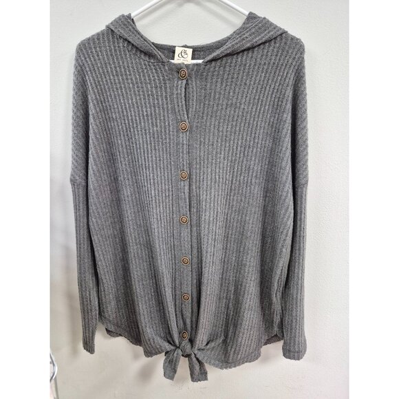 Mai Soli Gray Ribbed Button-Down Hooded Long Sleeve Tie Top Womens S - Picture 2 of 5